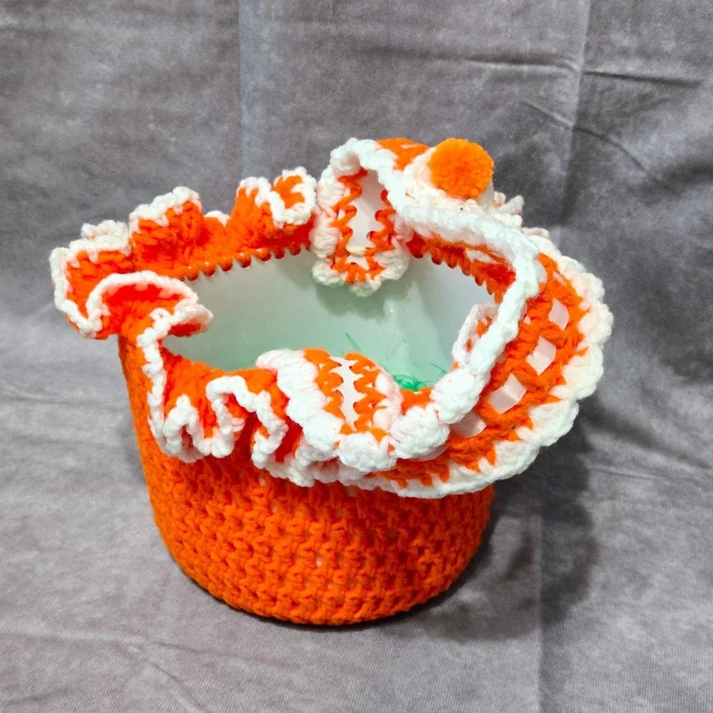 Handmade Crochet Easter Basket Plastic Lining Orange White‎ Bunny